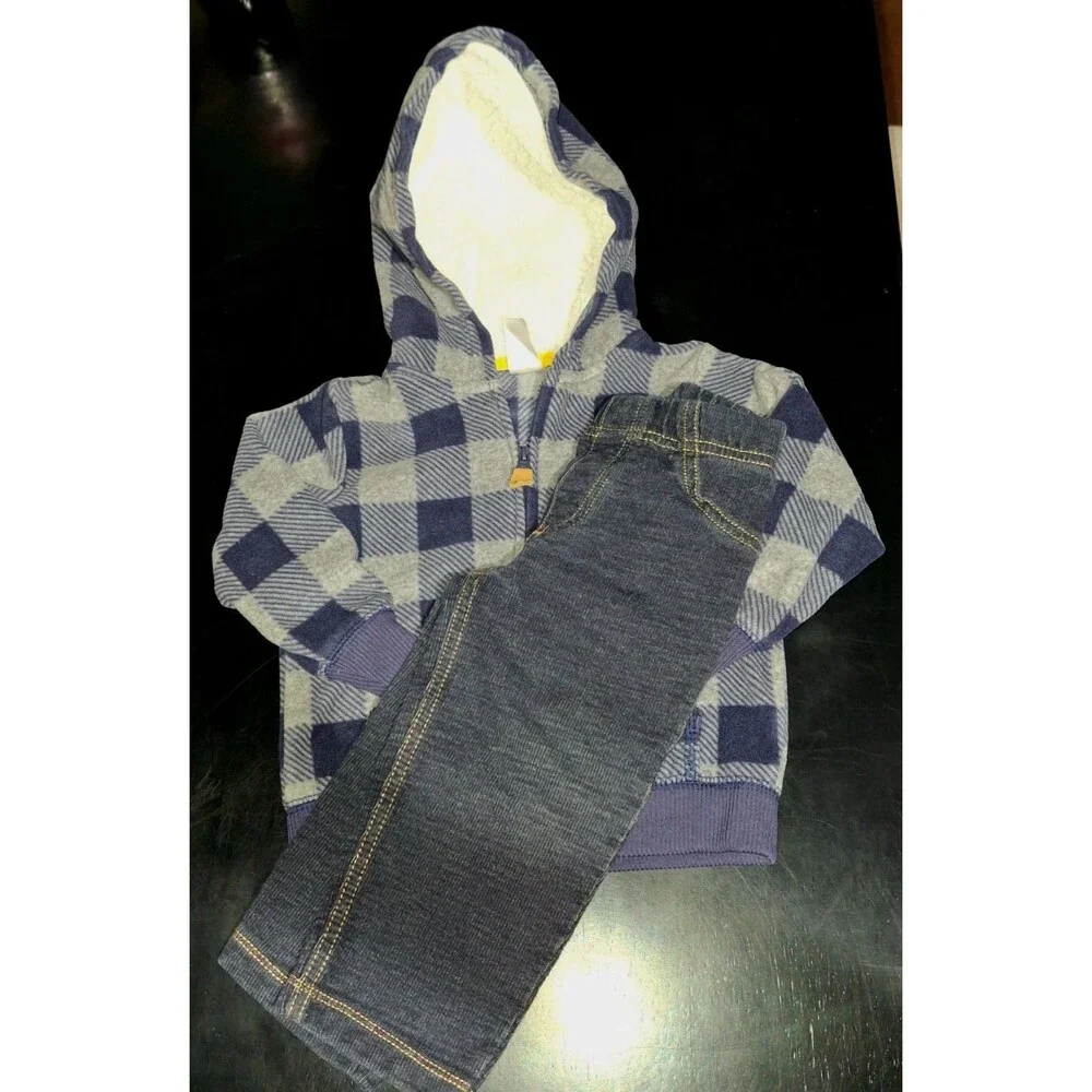 Carter's Boys 18 Months Blue Grey Plaid Hooded Jacket & Pants 2 Piece Outfit